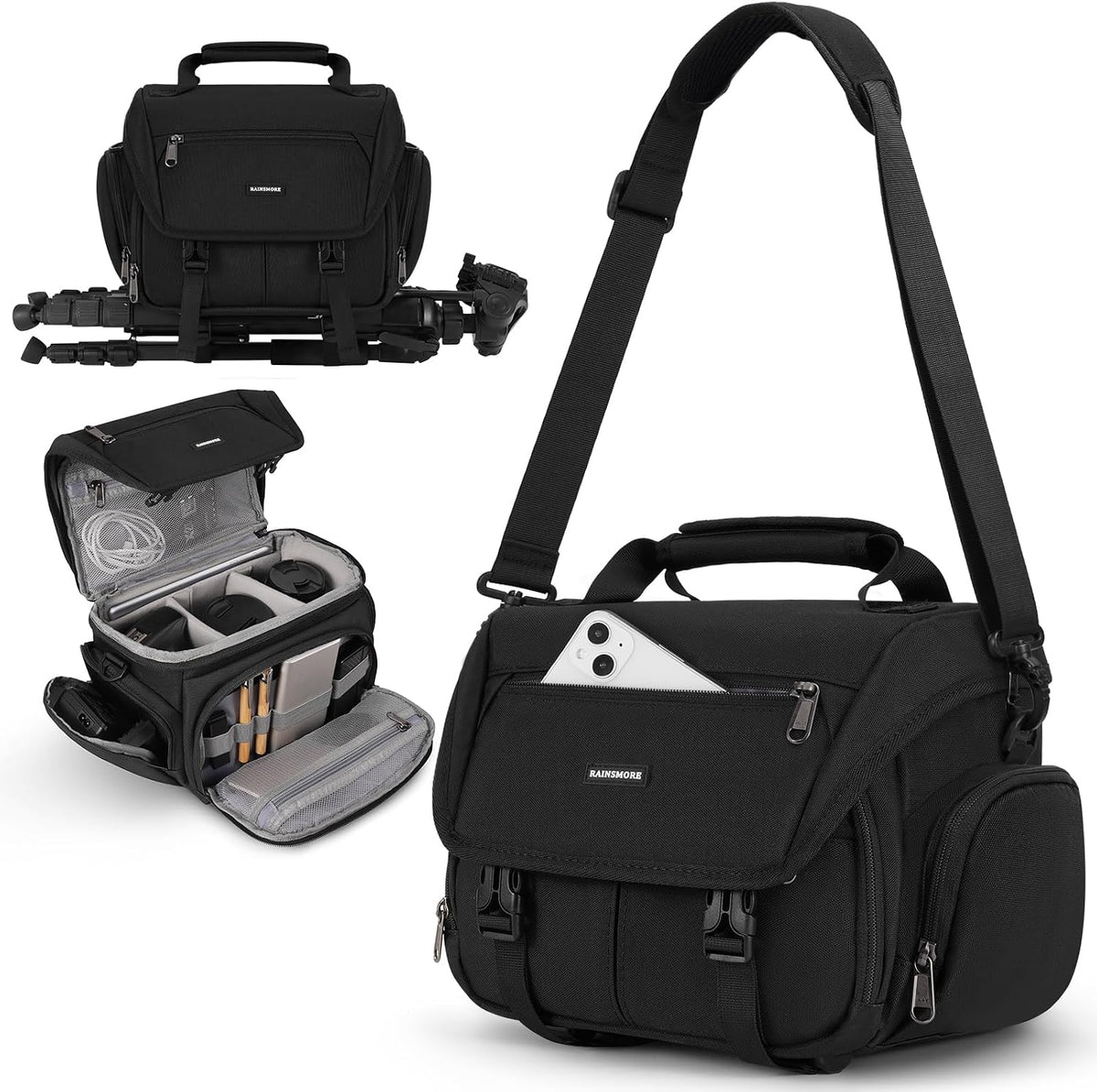 RAINSMORE Camera Bag, DSLR/SLR/Mirrorless Camera Sling Bag for Photographers Waterproof Small Camera Case with Tripod Holder & Rain Cover Camera Crossbody Bag for Canon/Nikon/Sony/Fuji, Black