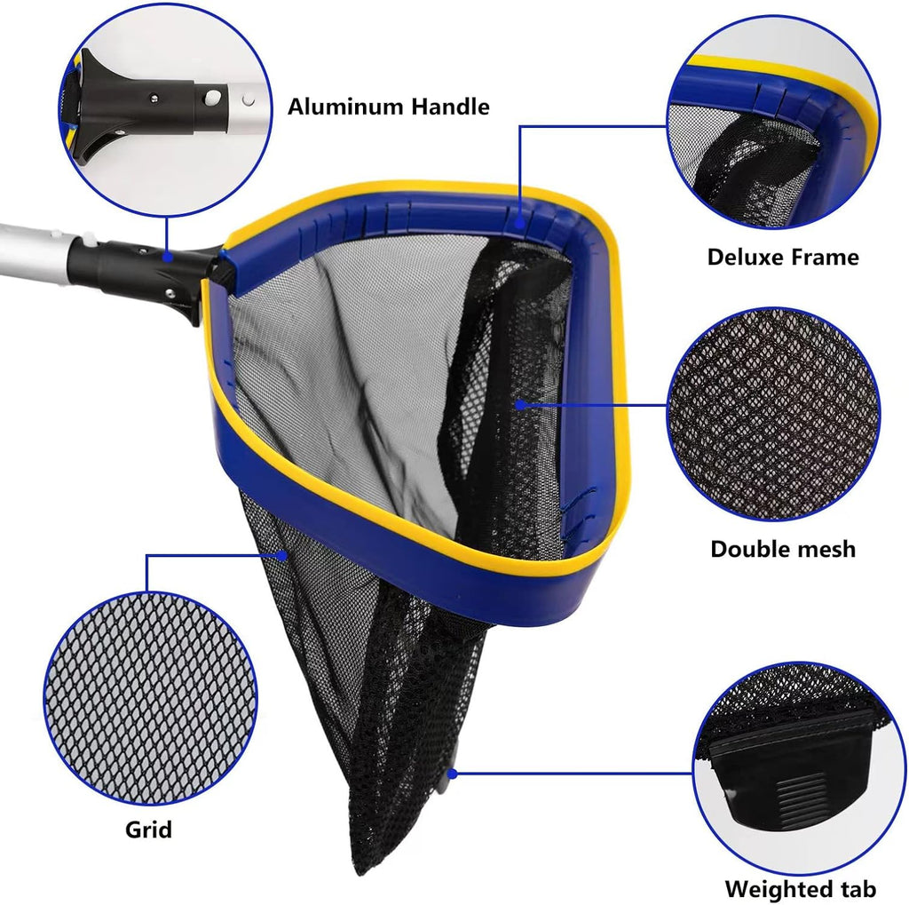 Poolvio Pool Deep Skimmer Net with 3ft - 10ft 1.0mm Thick Adjustable Aluminum Pole & Fine Mesh Bag Leaf Skimmer Rake Net for Above Ground & Inground Swimming Pools, Removes All Debris