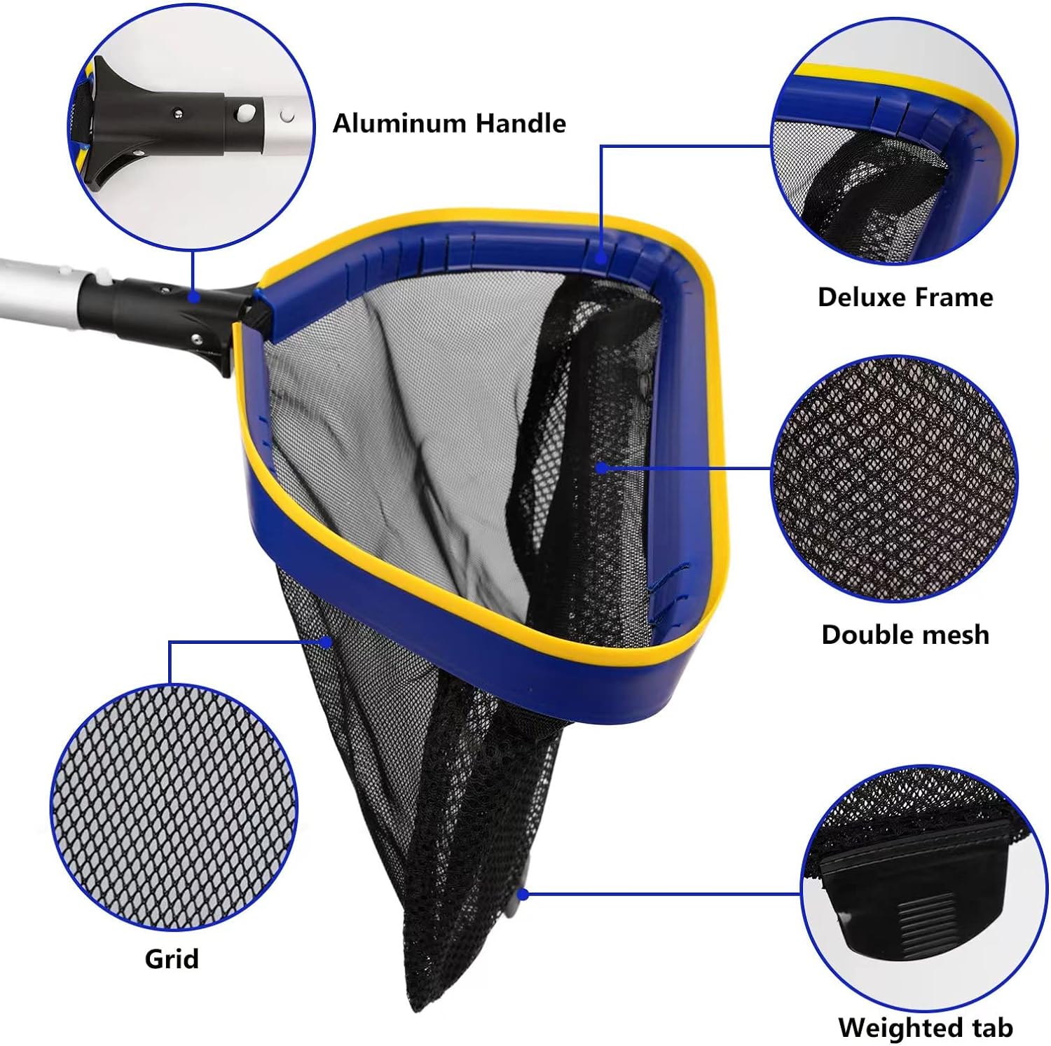 Poolvio Pool Deep Skimmer Net with 3ft - 10ft 1.0mm Thick Adjustable Aluminum Pole & Fine Mesh Bag Leaf Skimmer Rake Net for Above Ground & Inground Swimming Pools, Removes All Debris