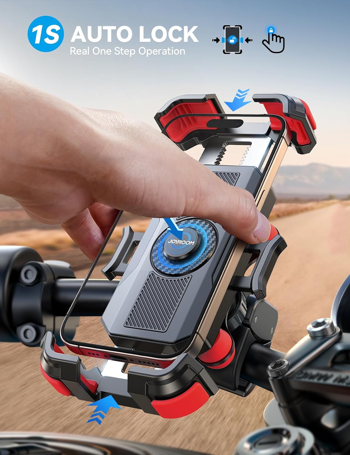 JOYROOM Motorcycle Phone Mount Holder - [Dual Vibration Dampener] 150mph Anti-Shock Phone Holder for Motorcycle [Upgrade Metal Handlebar Clamp] - Bicycle Bike Phone Holder Mount for 4.7-7" Phones Red