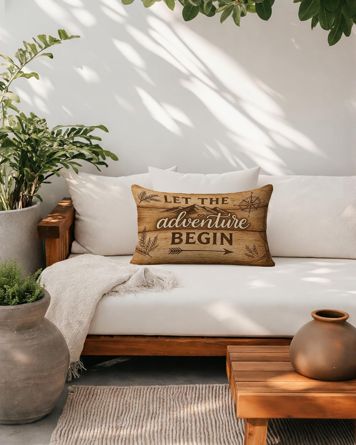Rustic Camping Pillow Cover 12x20, Gift for Camper and Travel Lovers, Let The Adventure Begin Decorative Throw Pillow Cover Pillowcase for RV Campsite Tent Trailer Cabin Lake House