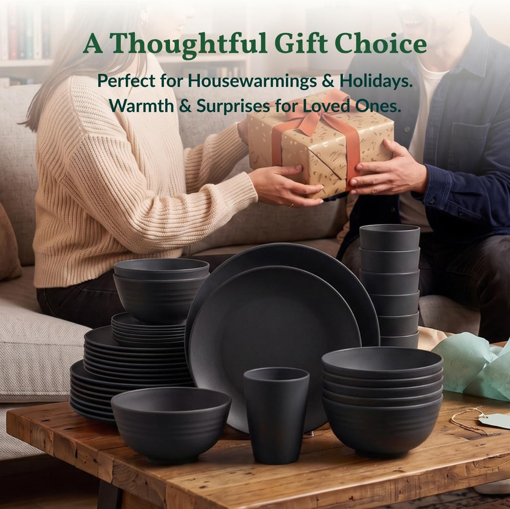 Homienly Wheat Straw Dinnerware Set,40-Piece Dish Set for 8, Dinner Plates, Dessert Plate, Cereal Bowls, Cups, Appetizer Plates,Reusable Dinner Plates Kids Plates and Bowls Sets,Black