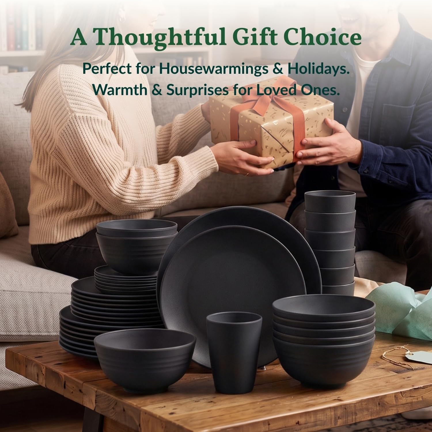 Homienly Wheat Straw Dinnerware Set,40-Piece Dish Set for 8, Dinner Plates, Dessert Plate, Cereal Bowls, Cups, Appetizer Plates,Reusable Dinner Plates Kids Plates and Bowls Sets,Black