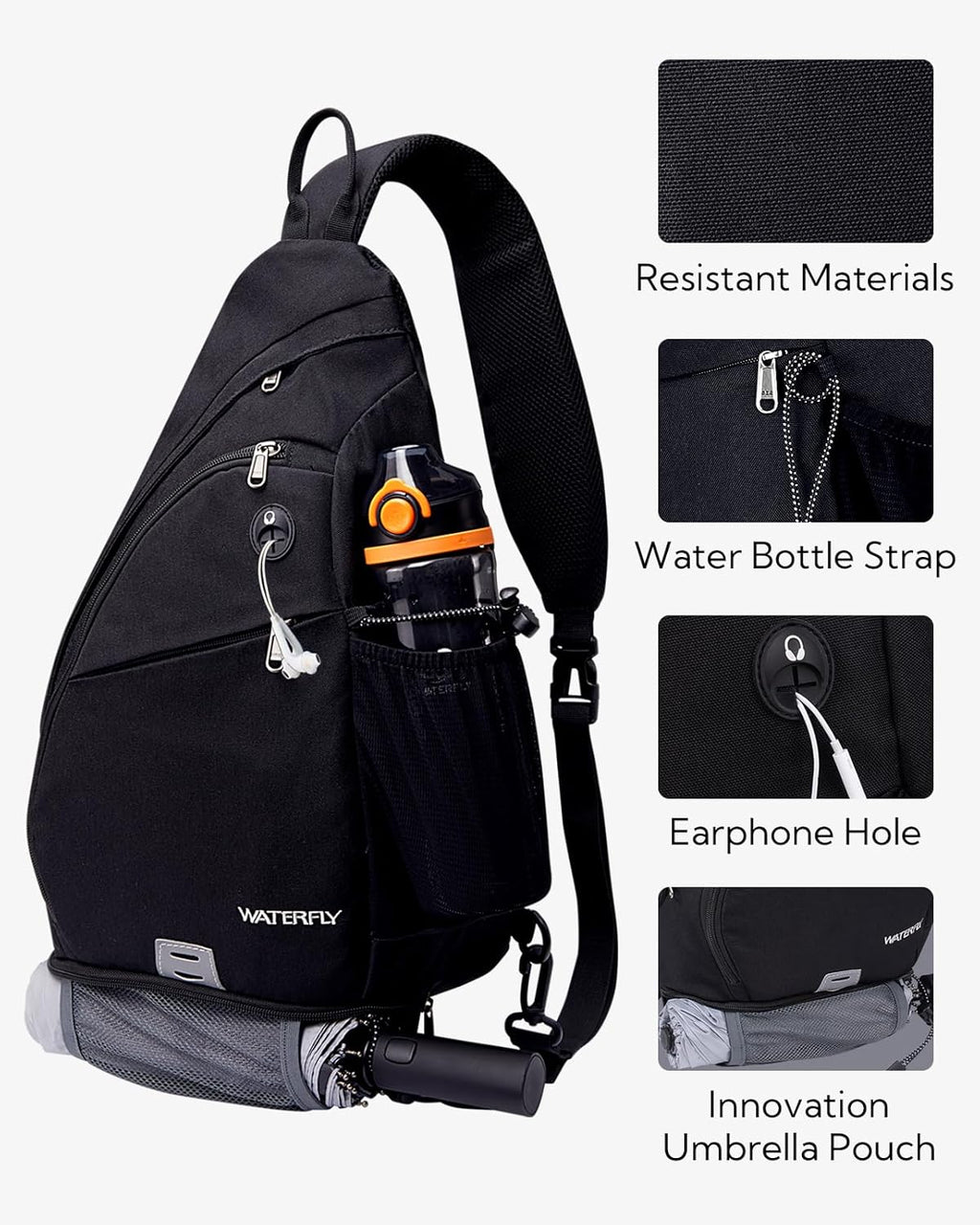 WATERFLY Large Sling Bag Crossbody Backpack Chest Pack for Men Women