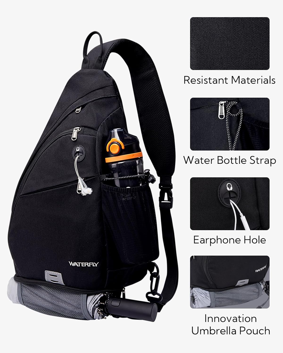 WATERFLY Large Sling Bag Crossbody Backpack Chest Pack for Men Women