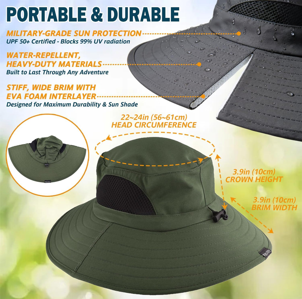 Wide Brim Sun Bucket Hat, Waterproof Boonie Hat for Men & Women