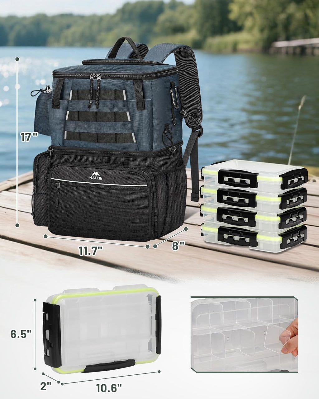 MATEIN Fishing Backpack with 4 Tackle Boxes, Fishing Bag with Rod Holder