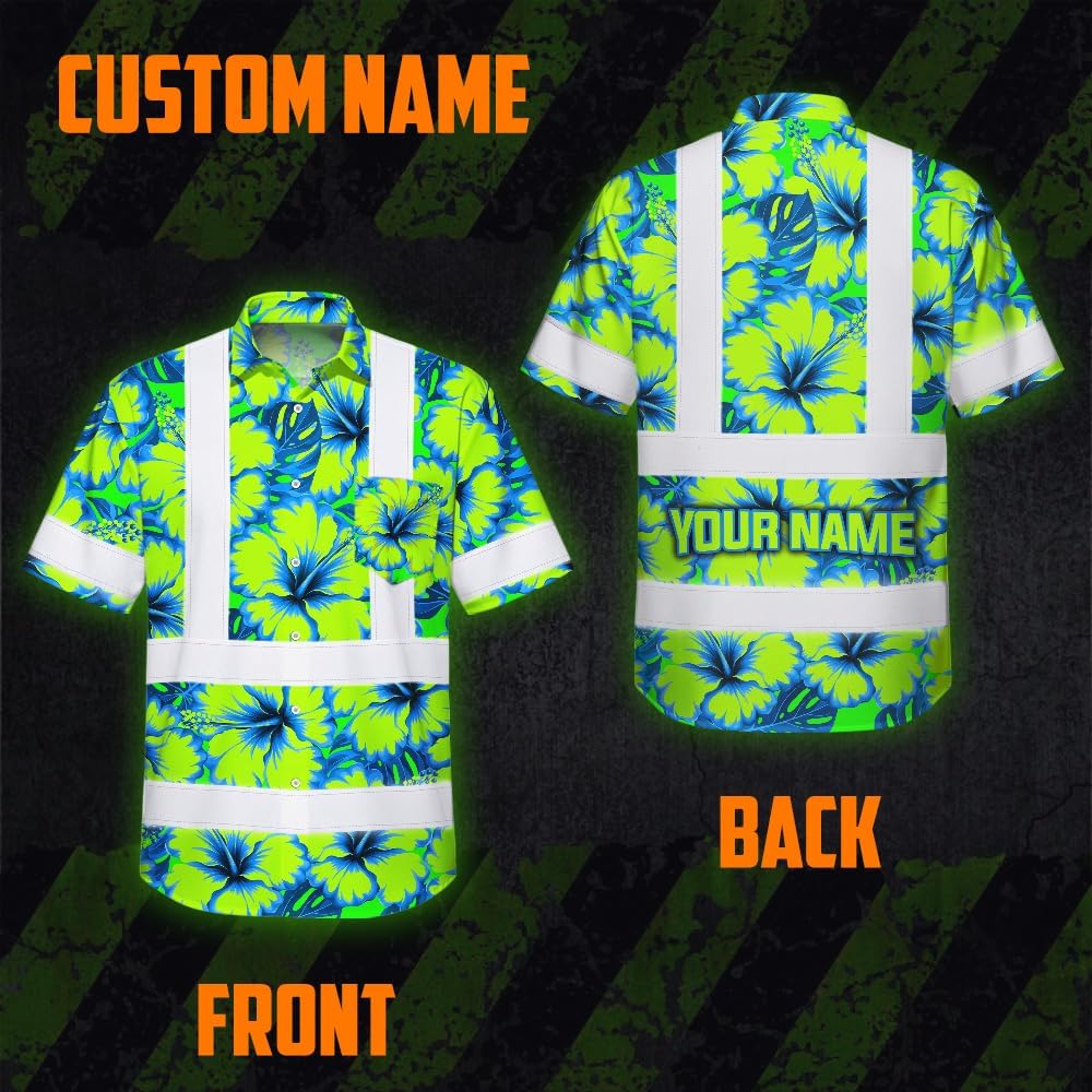 High Visibility Hawaiian Shirt for Men Tropical Shirts Custom Name Floral Outfit Reflective Safety Workwear