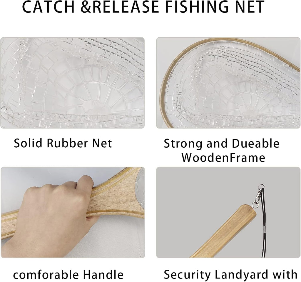 Aventik Fly Fishing Landing Net for Trout Soft Rubber Ghost Mesh Catch and Release Wooden Frame Lightweight and Tangle-Free