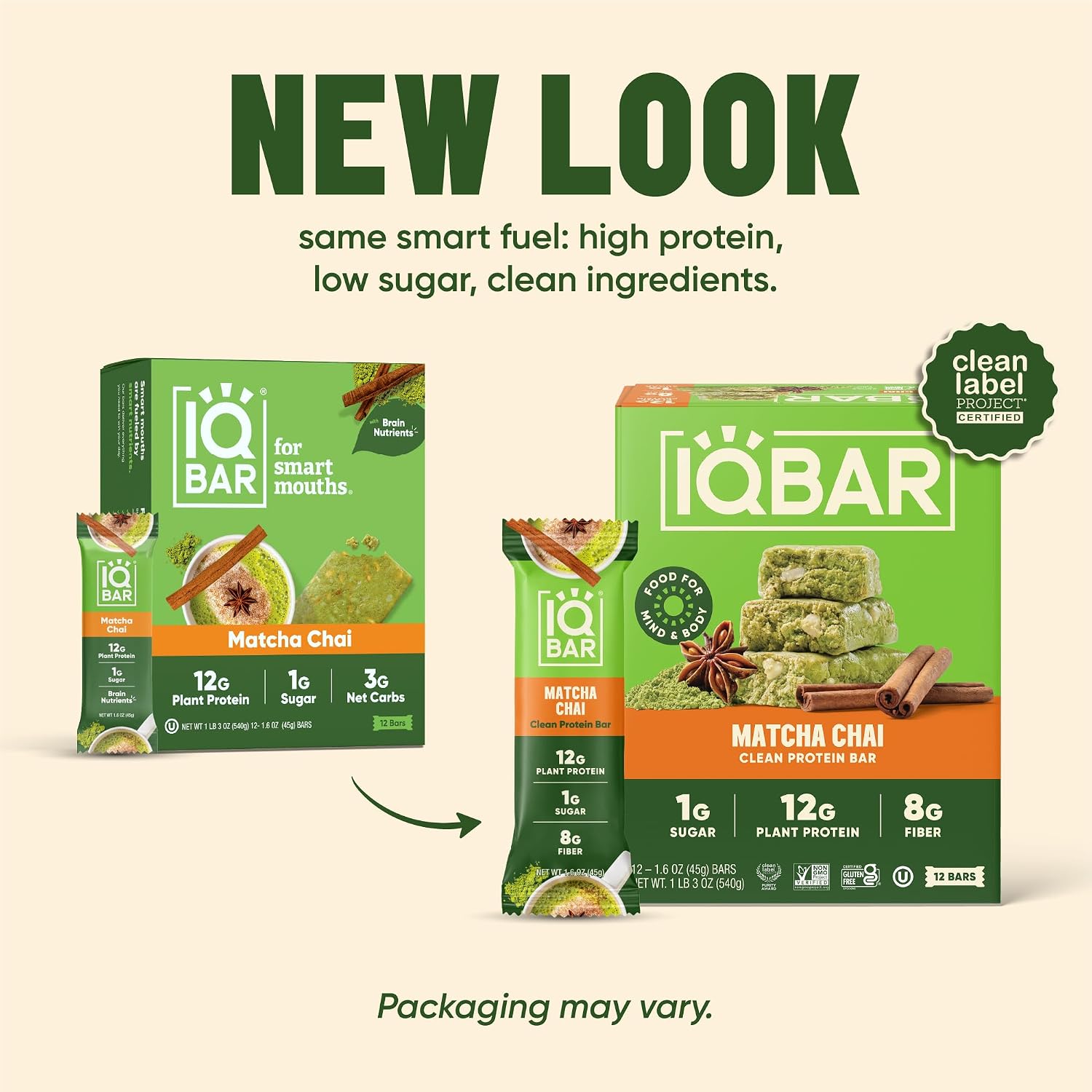 IQBAR Clean Protein Bars, Low Sugar Keto, Matcha Chai 36-Count