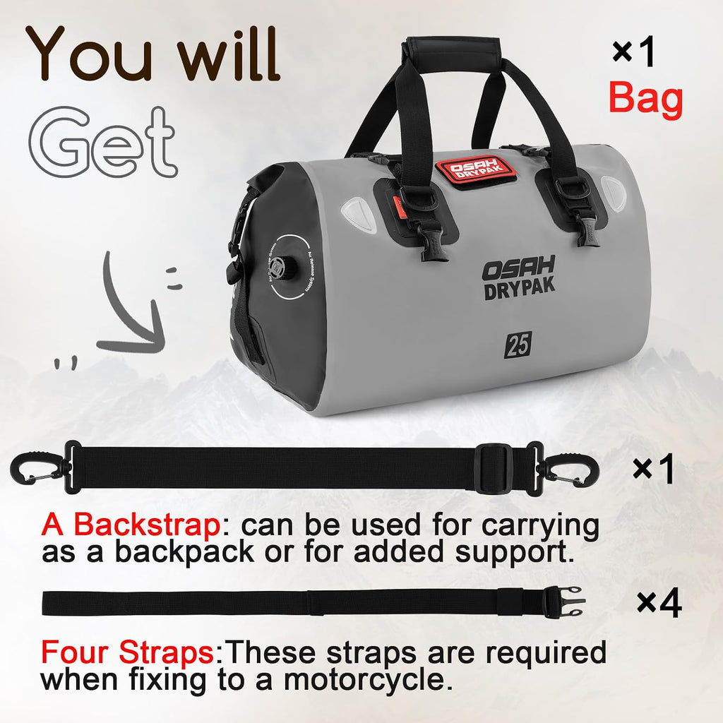 OSAH DRYPAK Waterproof Duffel Bag - Motorcycle Dry Bag Tail Bag with Large Storage Space, Waterproof Luggage Duffle Bags with Outer Mesh Zipper Pocket for Camping, Kayaking, Fishing & Traveling