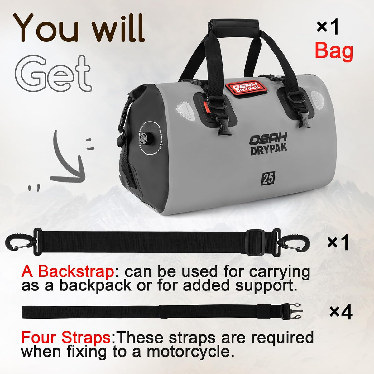 OSAH DRYPAK Waterproof Duffel Bag - Motorcycle Dry Bag Tail Bag with Large Storage Space, Waterproof Luggage Duffle Bags with Outer Mesh Zipper Pocket for Camping, Kayaking, Fishing & Traveling