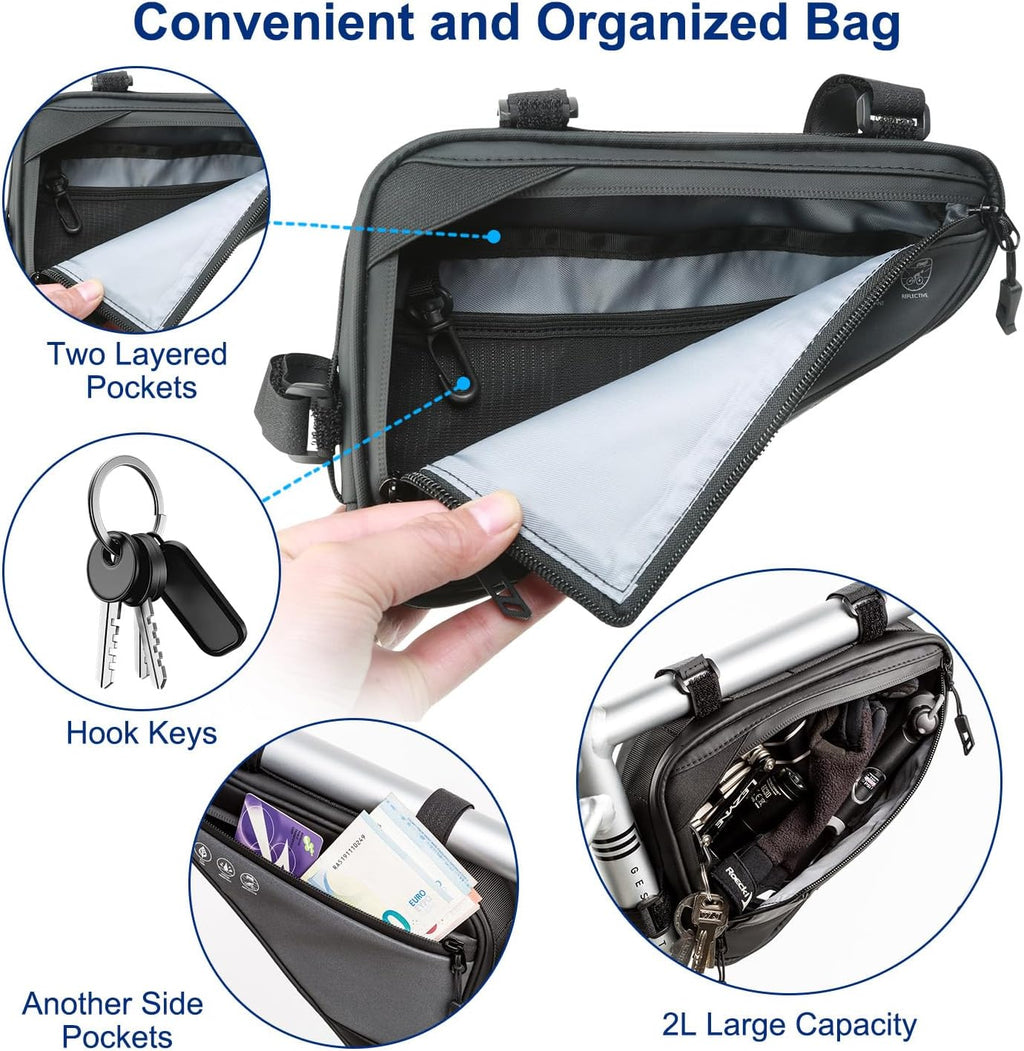2L Bike Frame Storage Bag with Water Resistant Reflective, Bicycle Storage Pouch with 2 Side Pockets, Strap-On Under Seat Tool Accessories Pouch for Mountain Road Bike, MTB
