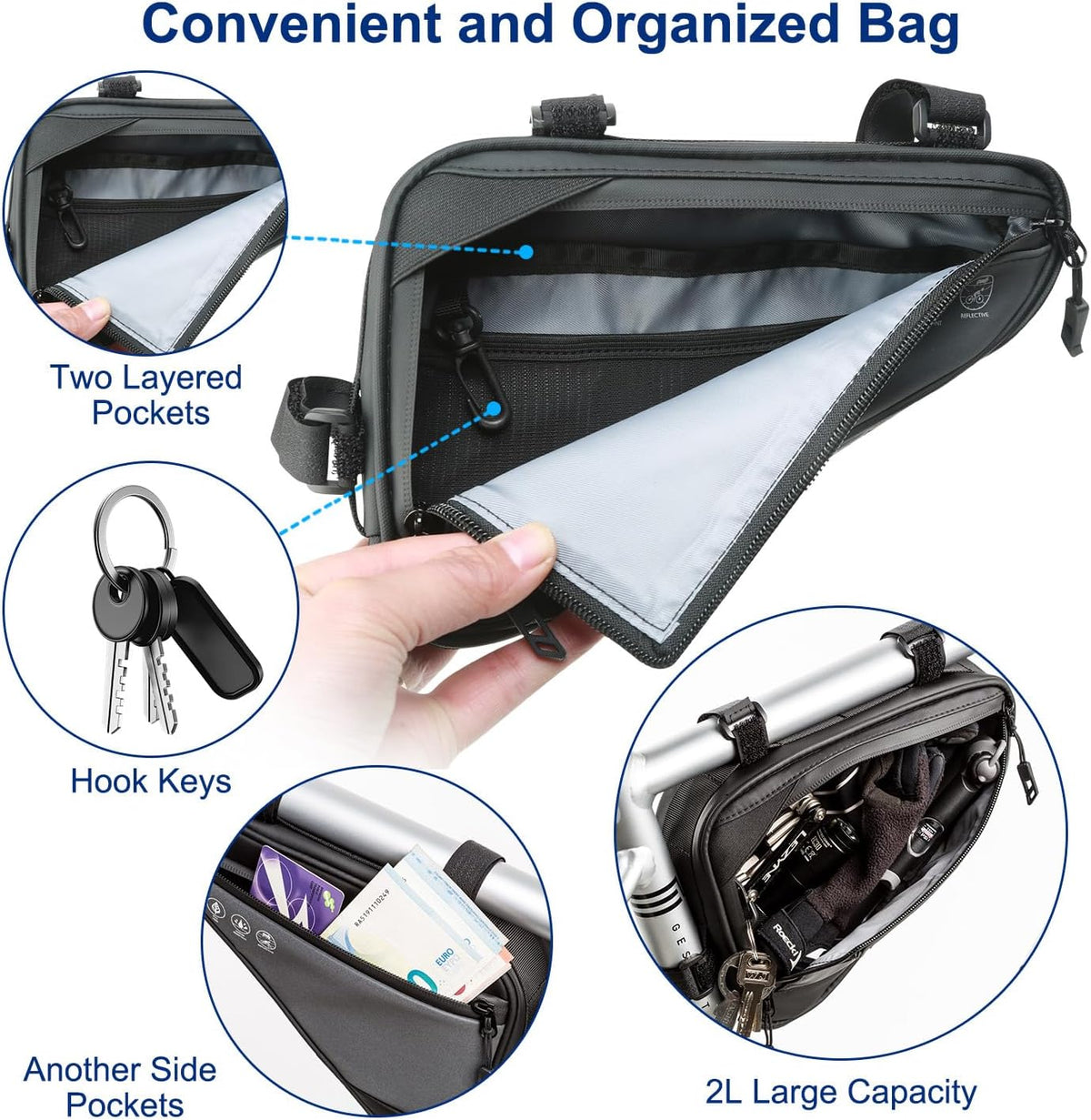 2L Bike Frame Storage Bag with Water Resistant Reflective, Bicycle Storage Pouch with 2 Side Pockets, Strap-On Under Seat Tool Accessories Pouch for Mountain Road Bike, MTB