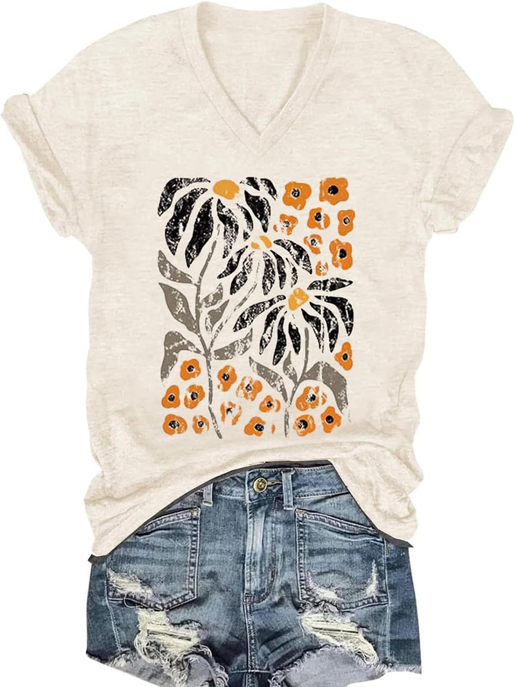Vintage Boho Tops for Women V-Neck Flowers Shirt Spring Graphic Tees Floral Print Summer Casual Short Sleeve Tshirt Top