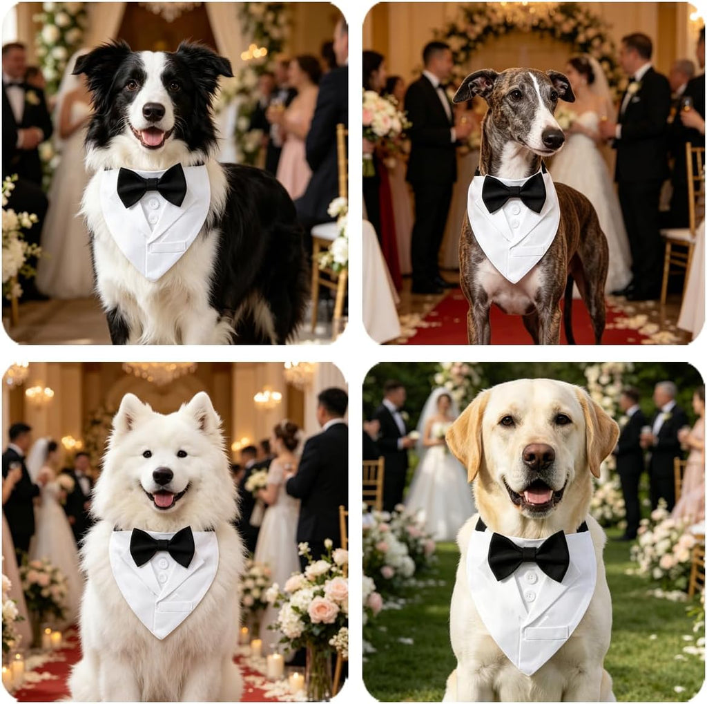 Dog Tuxedo Suit Wedding Collar, White Bandana with Black Bowtie, Adjustable Formal Dog Tux, Engagement Birthday Party Costume (L)