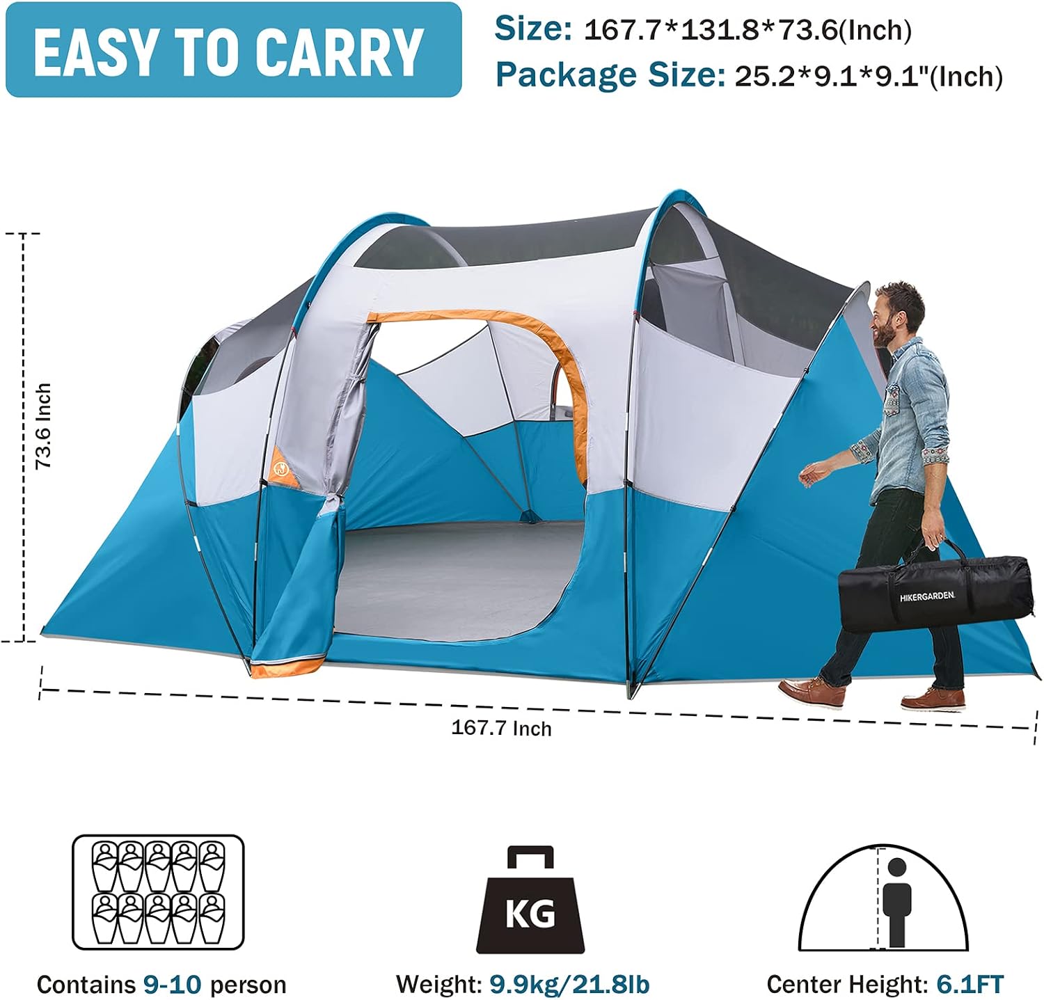 HIKERGARDEN 10 Person Tents for Camping Family Outdoor Dome Tent