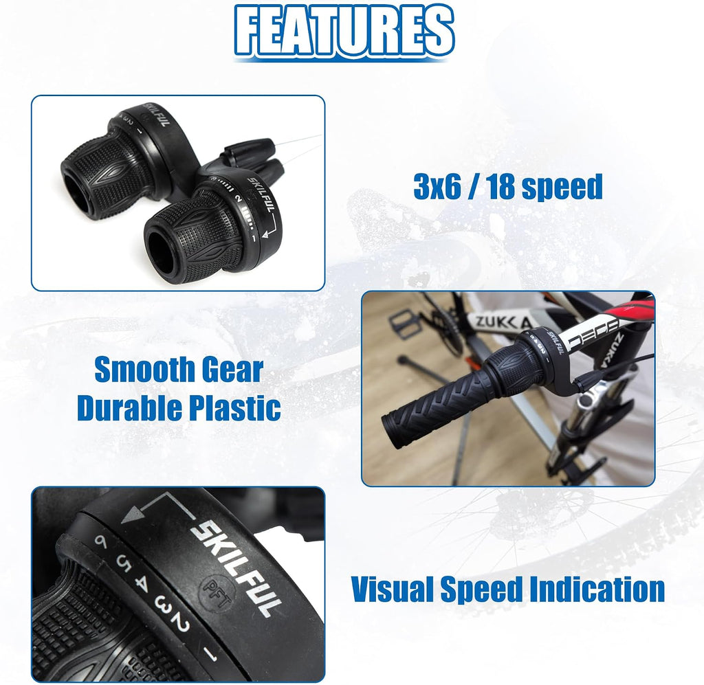 MEGHNA Bicycle 18 Speed Shifter Twist Shifter Lever 3x6 Speed Grip Shift Left and Right Shifter Mountain Bike Commuter Bike Folding Bike Gear Grip Shift with Grips(Pair)