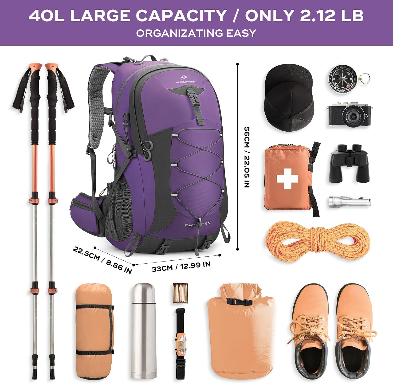 Maelstrom 40L Hiking Backpack, Lightweight Camping Daypack with Rain Cover
