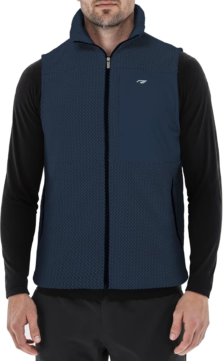 Mens Fleece Vest Mock Neck Full Zip Textured Sleeveless Jacket with Zippered Chest Pocket Active Fit Hiking Golf Top