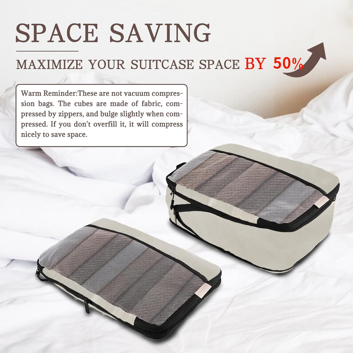 U+U 4 Set Compression Packing Cubes, Travel Organizers (Cream)