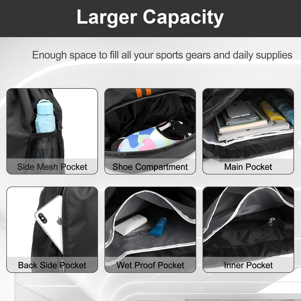 Hoedia Sports Drawstring Backpack - Swim Gym Bag for Women and Men