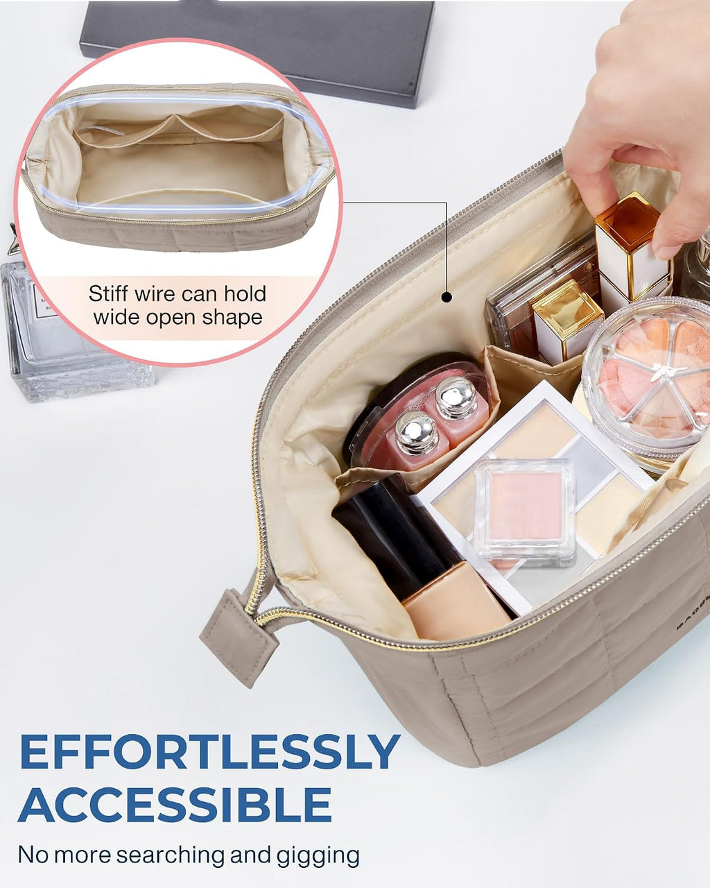 BAGSMART Makeup Bag Travel Toiletry Bag, Wide-open Zipper Pouch, Greige