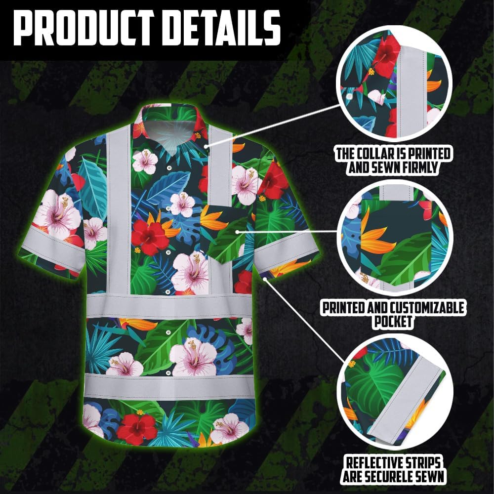 High Visibility Hawaiian Shirt for Men Tropical Shirts Custom Name Floral Outfit Reflective Safety Workwear