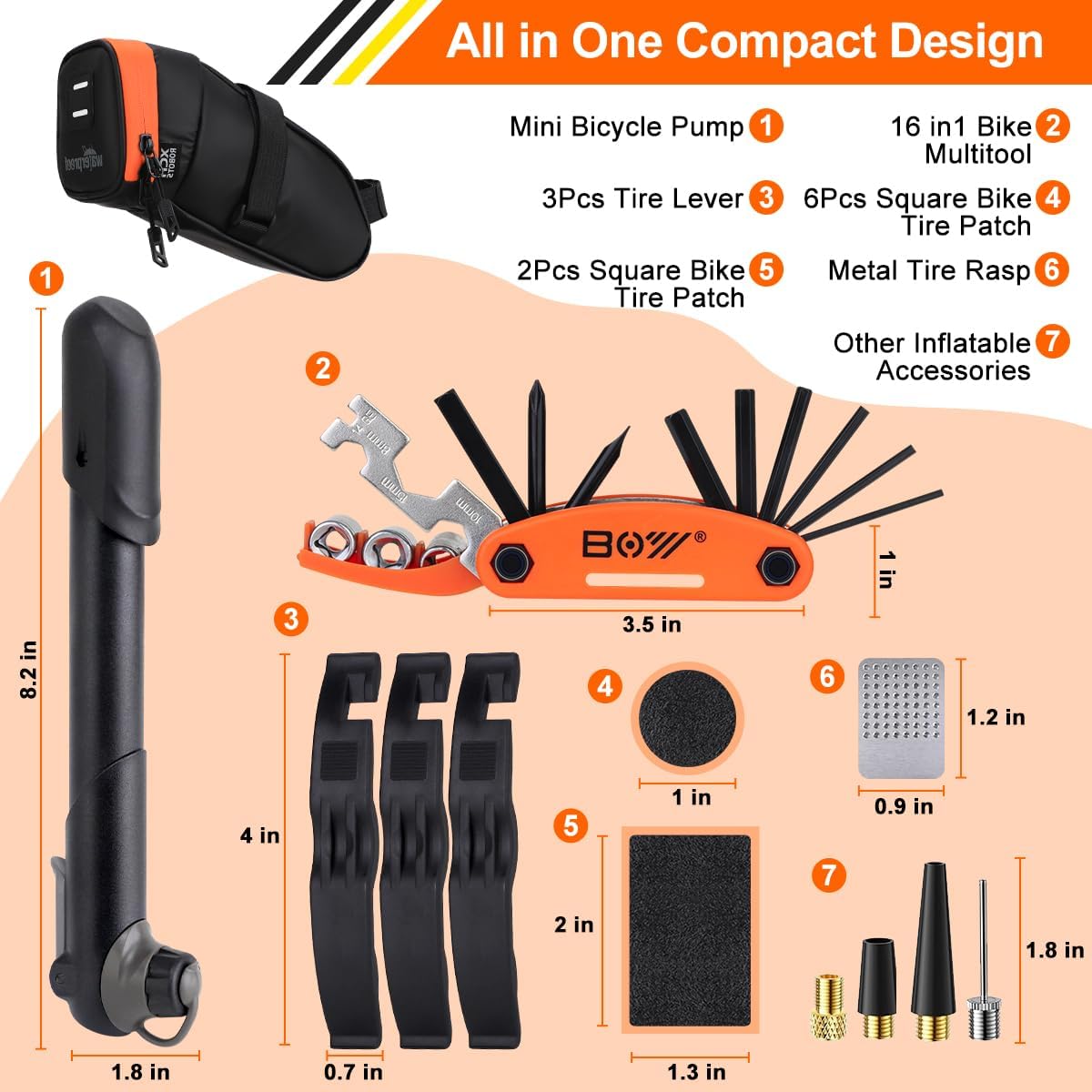 Bicycle Saddle Repair Bag with Tire Patch and Inflate Pump - Portable Travel Emergency Tool Kit, Bike Accessories for Adult Bikes with IPX4 Waterproof