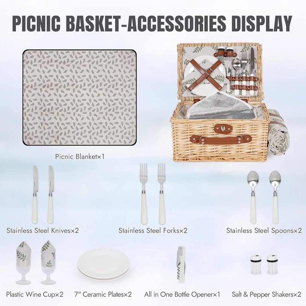 HappyPicnic Picnic Basket Set for 2, Durable Wicker with Cutlery Kit