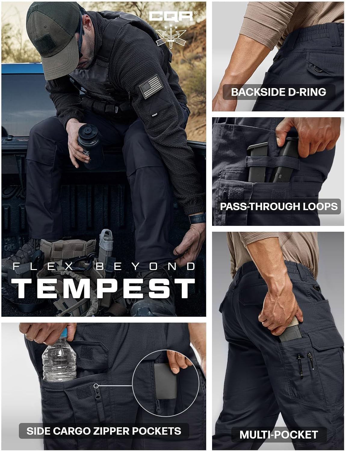 CQR Men's Flex Stretch Tactical Pants, Water Resistant Ripstop Cargo Pants, Lightweight EDC Outdoor Work Hiking Pants