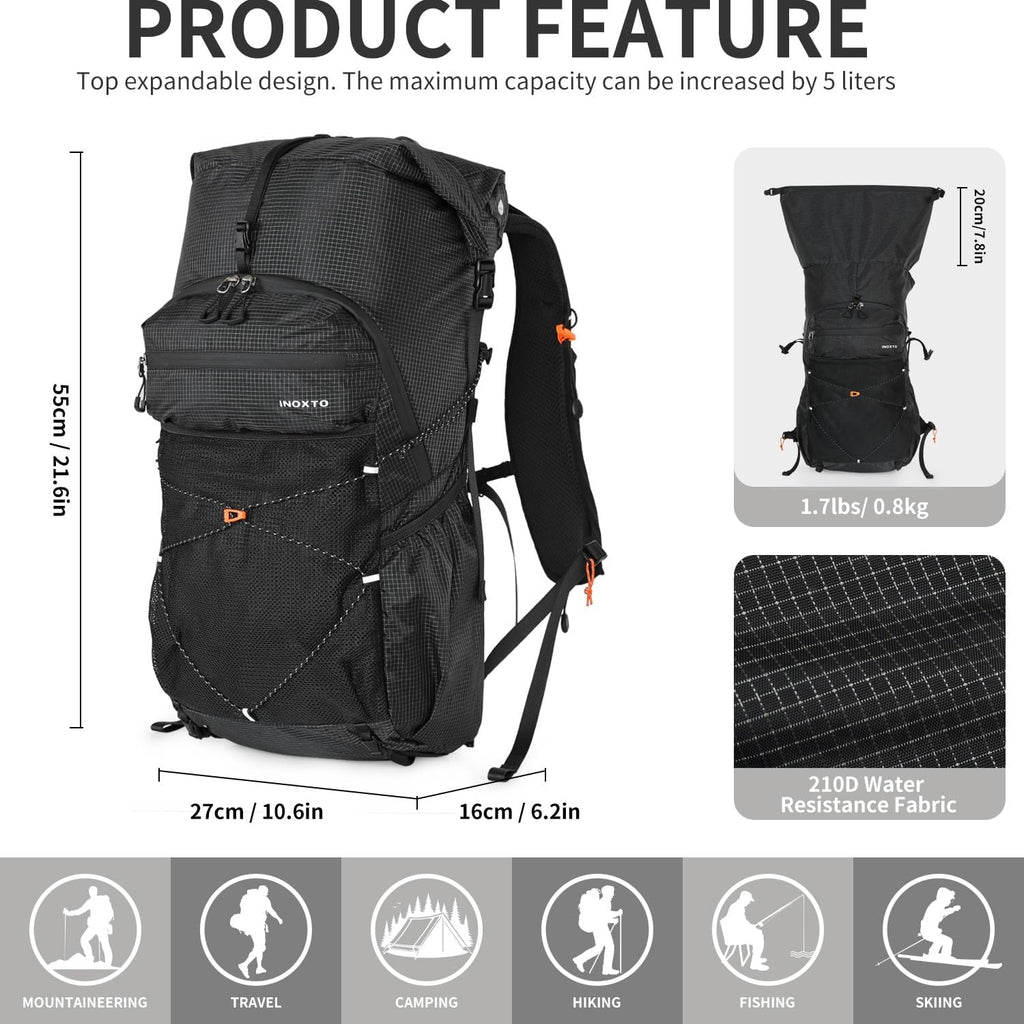 IX INOXTO Hiking Backpack for Men and Women, 30L Waterproof Camping Backpack with 3L Water Bladder and Rain Cover, Lightweight Outdoor Sport Travel Daypack Rucksack for Climbing Cycling (Black)