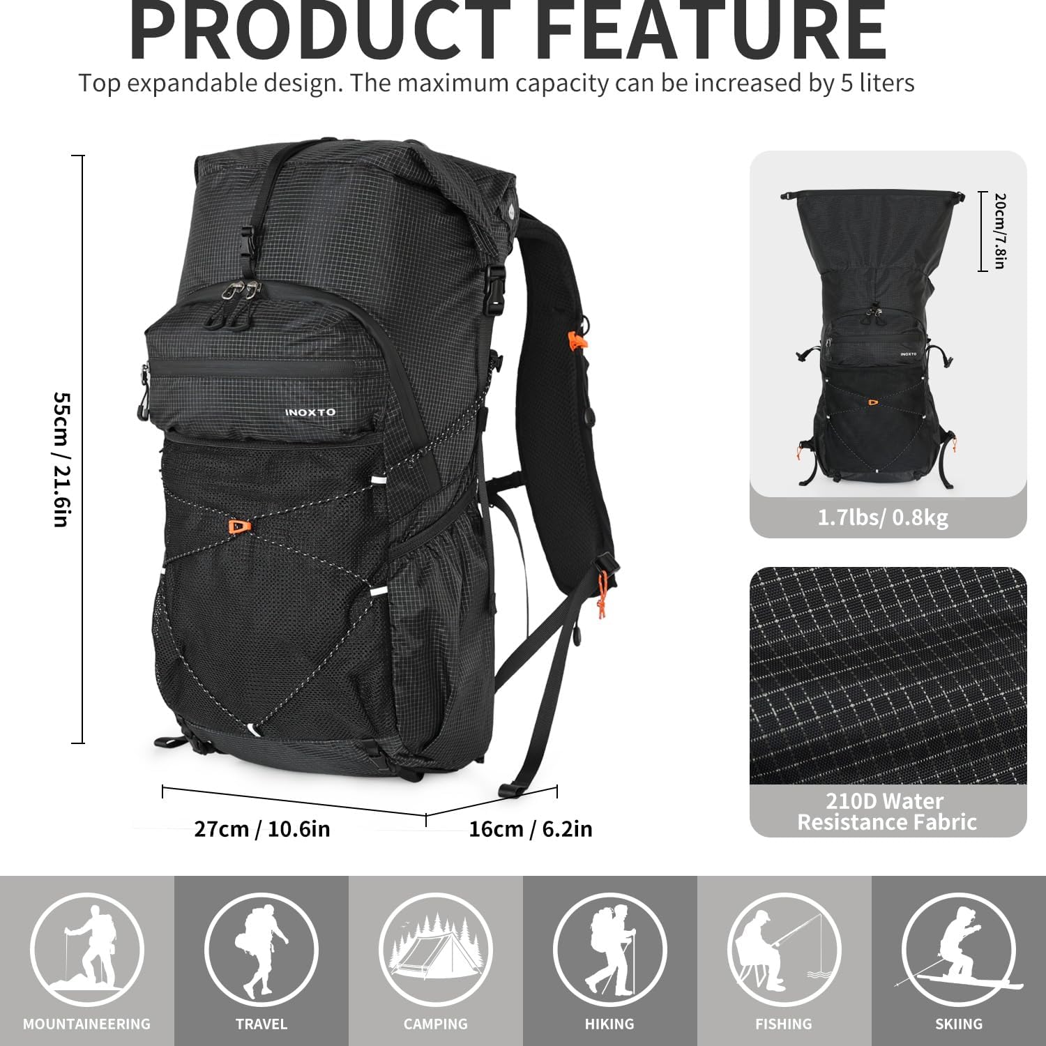 IX INOXTO Hiking Backpack for Men and Women, 30L Waterproof Camping Backpack with 3L Water Bladder and Rain Cover, Lightweight Outdoor Sport Travel Daypack Rucksack for Climbing Cycling (Black)