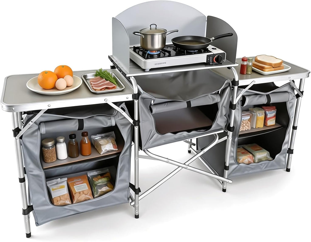 Folding Camping Kitchen Table, Outdoor Cooking Table with Storage