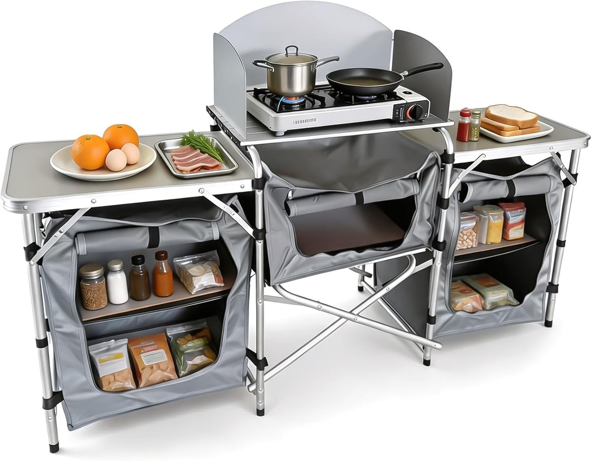 Folding Camping Kitchen Table, Outdoor Cooking Table with Storage