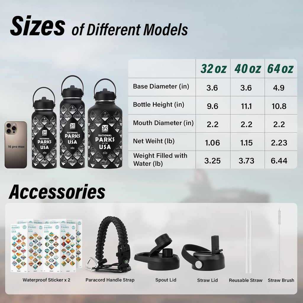DYSANKY National Parks Water Bottle – 64 oz Insulated Stainless Steel Bottle with 63 Hand-Drawn Park Stickers, Carrier Bag, Strap & Gift Box – BPA-Free – Ideal for Hiking, Camping & Travel