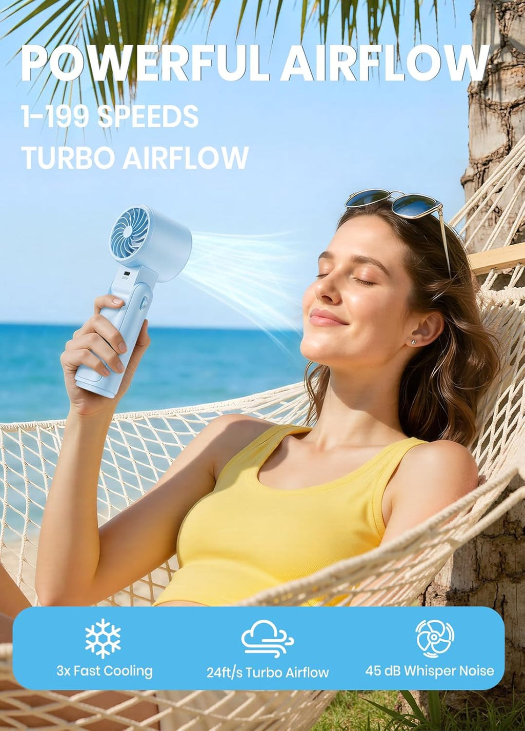 Portable Handheld Turbo Fan, 1-199 Speed Adjustable, Blue