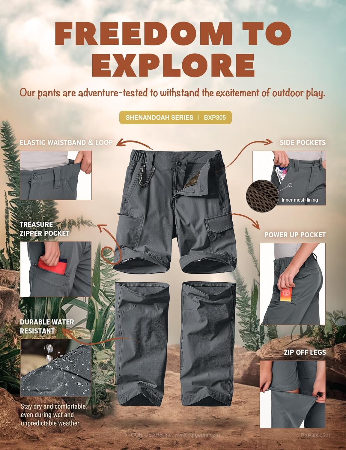 CQR Kids Youth Hiking Cargo Pants, UPF 50+ Quick Dry Convertible Zip Off Pants, Outdoor Camping Pants