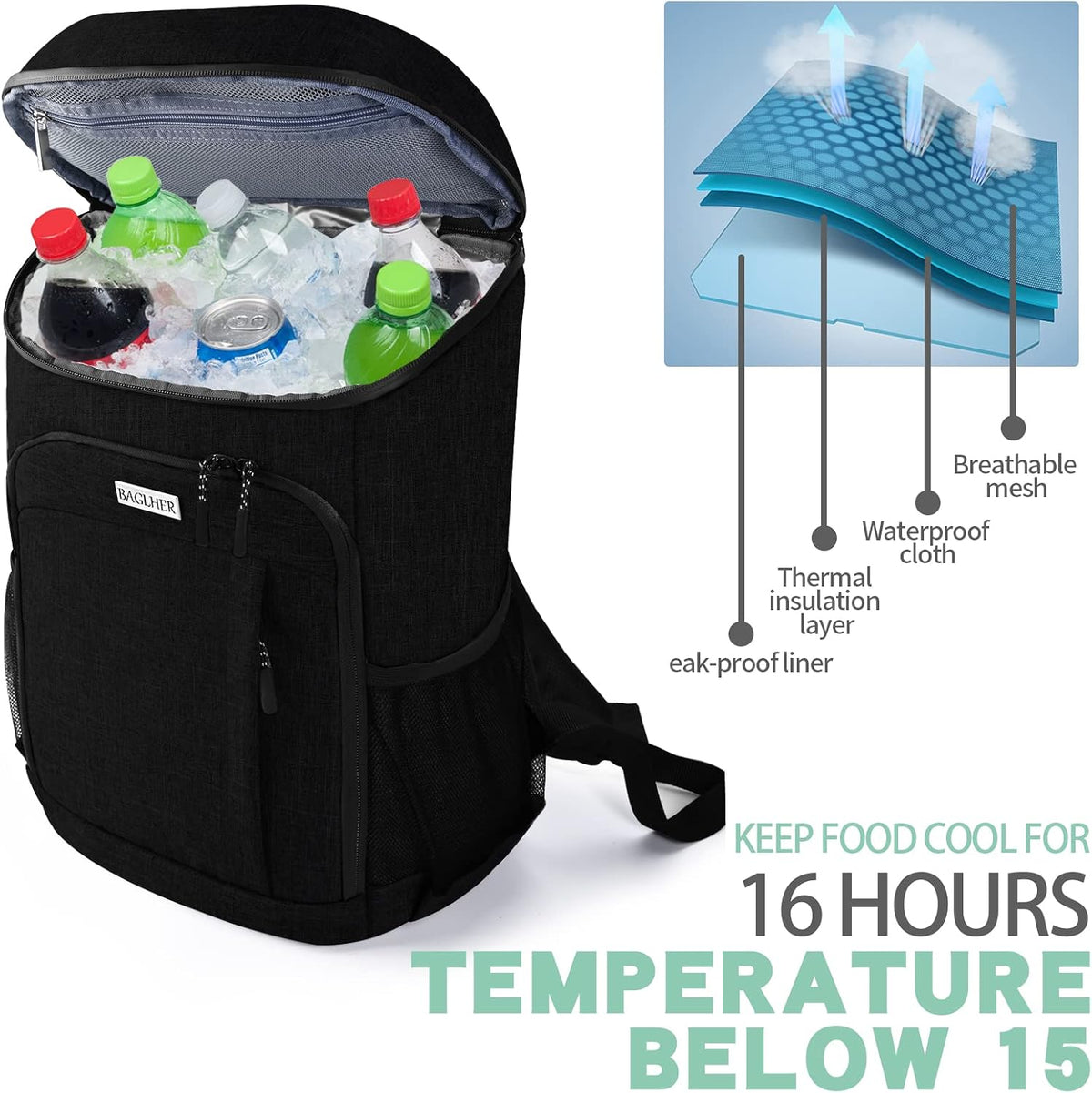 BAGLHER Lightweight Insulated Cooler Backpack - 30 Cans, Leak-Proof for Lunch, Picnic, Hiking, Camping Trips