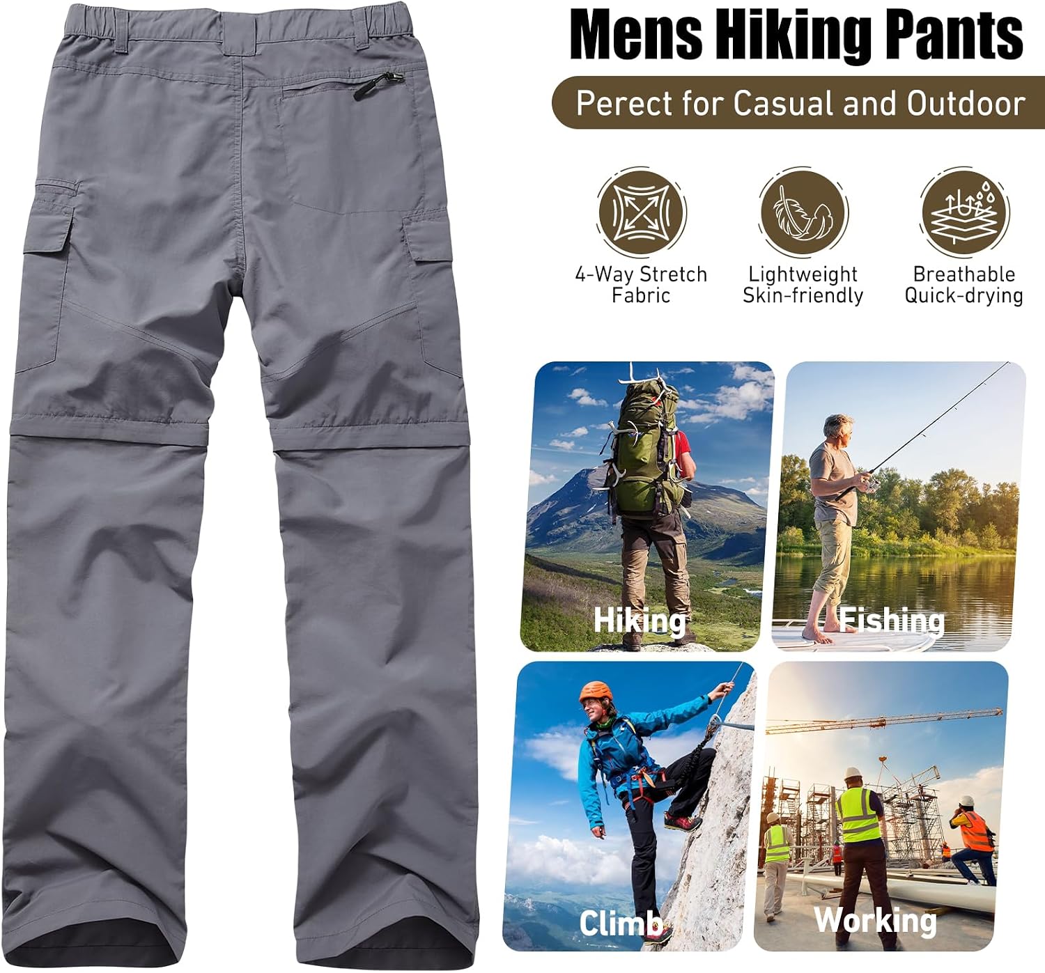 mixtiq Mens Hiking Convertible Pants Water-Resistant Quick Dry Pants