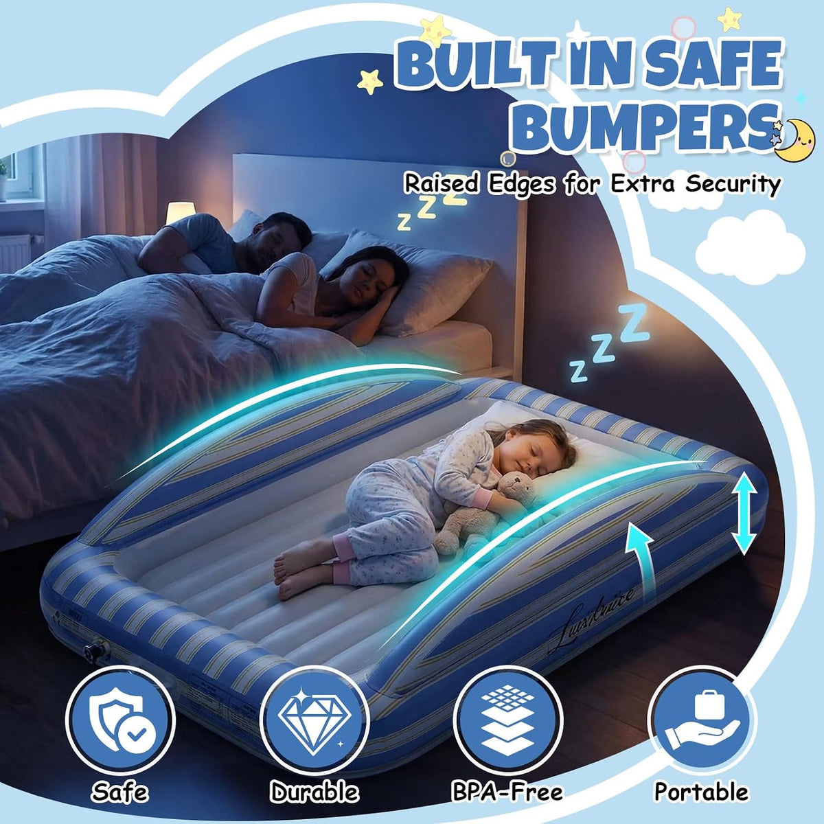 Luxchoice Inflatable Toddler Travel Bed Rechargeable Pump Todder Mattress