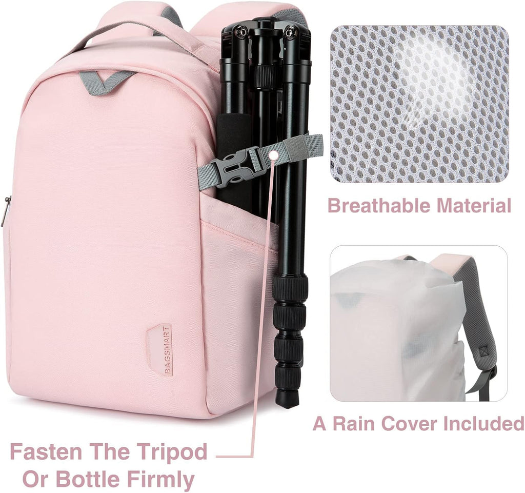 BAGSMART Camera Bag, Camera Backpack, DSLR SLR Camera Case Fits 13.3 Inch Laptop, Waterproof Photography Backpacks with Rain Cover Tripod Holder for Women Men, Pink