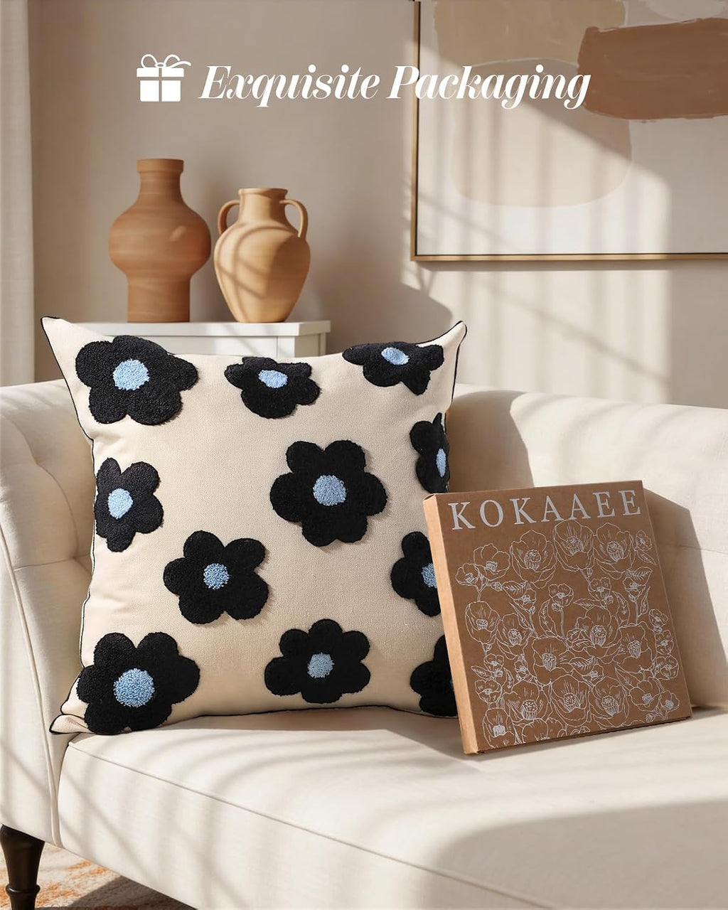 Embroidered Throw Pillow Cover 18x18 Inch, Black Flowers
