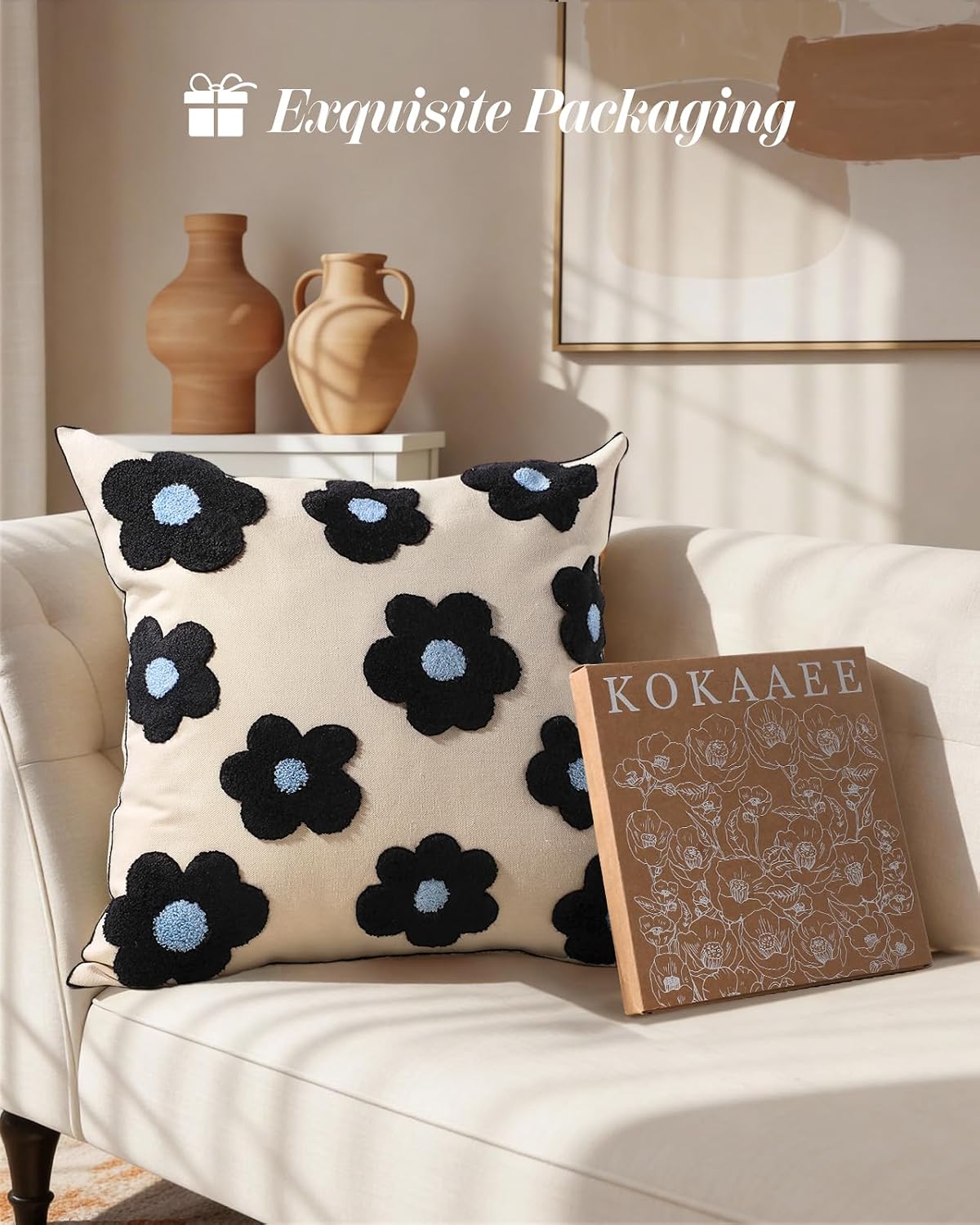 Embroidered Throw Pillow Cover 18x18 Inch, Black Flowers