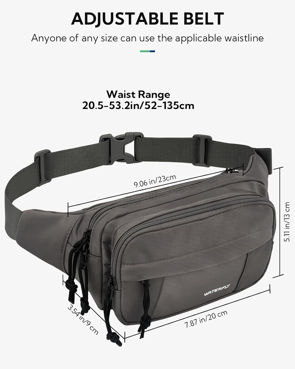 WATERFLY Fanny Pack Waist Bag: 2.5L Large 5 Zipper Pockets for Women Men