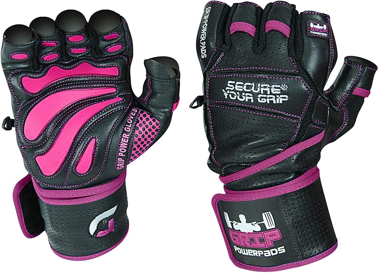 Grip Power Pads Leather Gym Gloves for Women – Built-in 2" Wrist Wraps, Pink Weightlifting, Powerlifting, Bodybuilding Workout