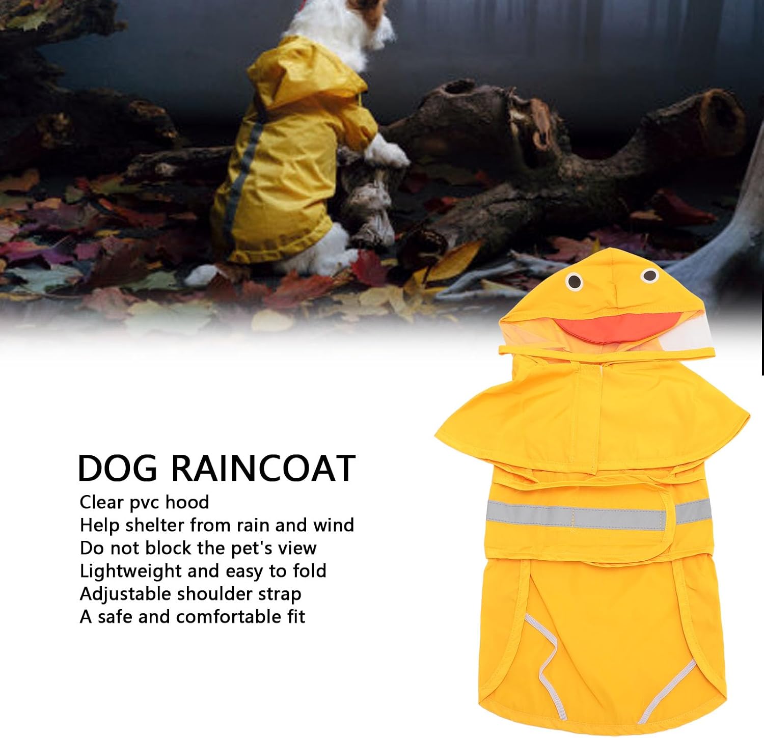 Small Dogs Duck Design Raincoat, Hooded Rain Jacket Poncho with Reflective Stripes, Transparent Hood for Puppies, Large Size