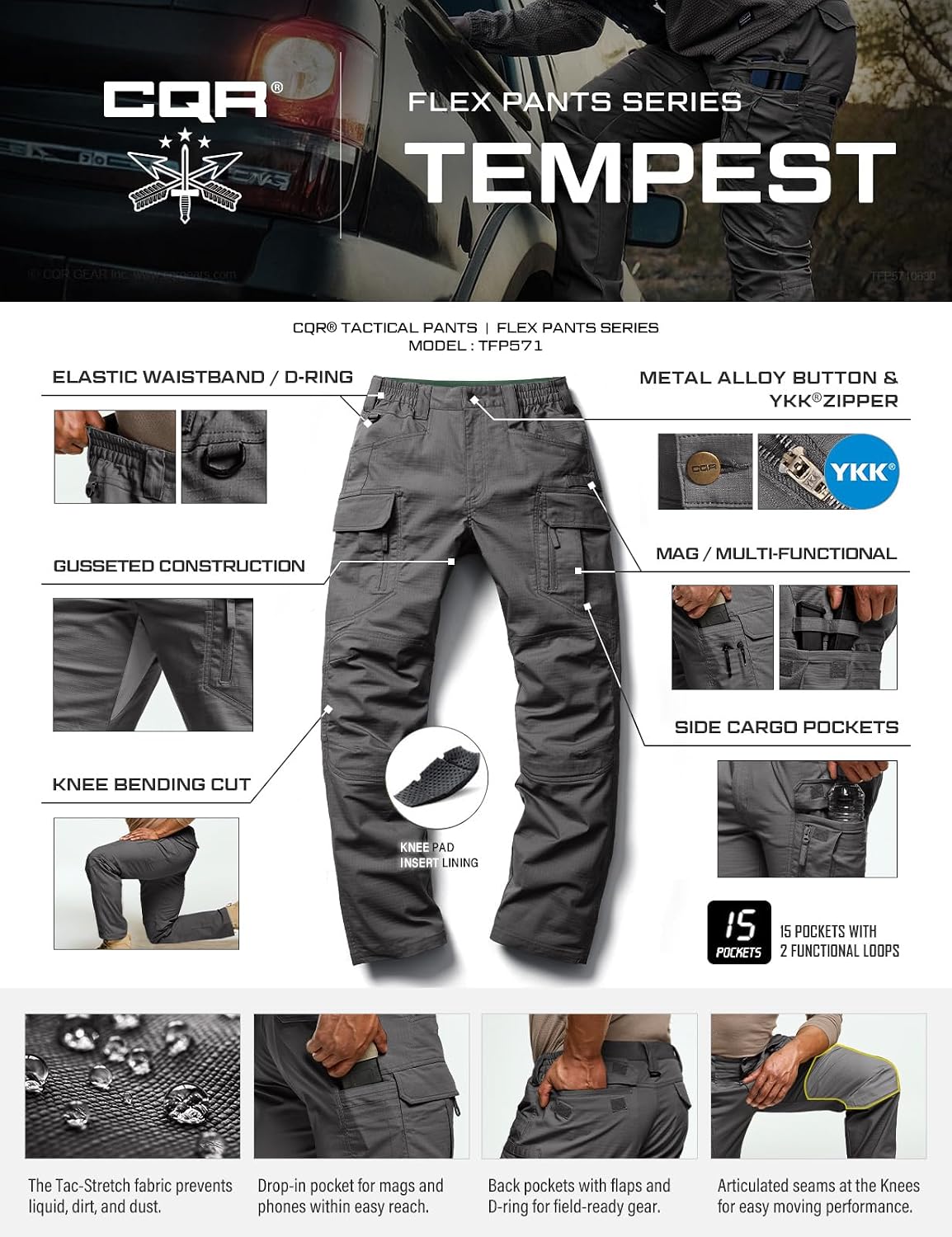CQR Men's Flex Stretch Tactical Pants, Water Resistant Ripstop Cargo Pants, Lightweight EDC Outdoor Work Hiking Pants