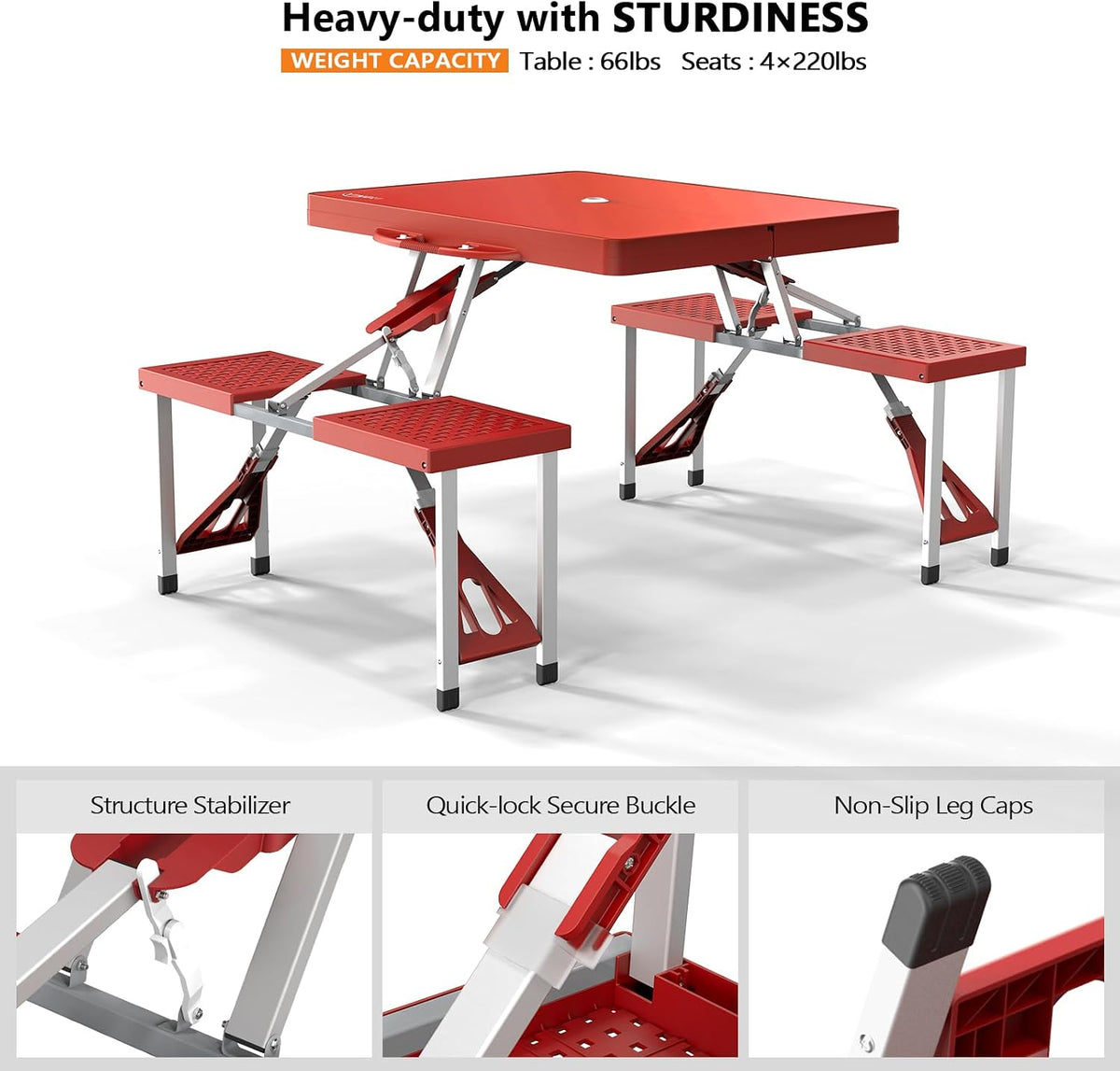 VINGLI 4 Ft Portable Folding Picnic Table Camping Table Foldable Set with 4 Seats with Umbrella Hole Suitcase Card Table-220 Lbs Support Aluminum Frame, Plastic RV Tabletop for Yard, Travel