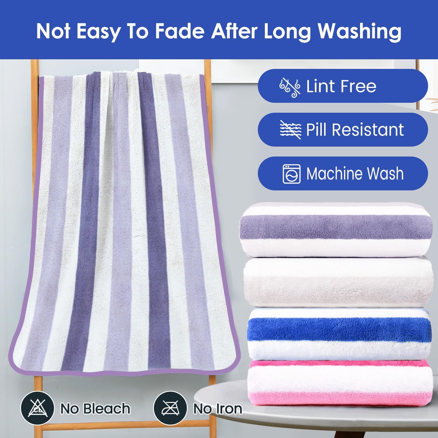 JML Microfiber Bath Towels, 2 Pack, 30" x 60", Cabana Stripe Purple